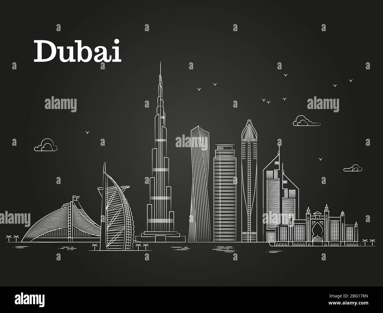Weißes lineares Dubai-Panorama mit Skylines und berühmten Gebäuden. Vektorgrafik Stock Vektor