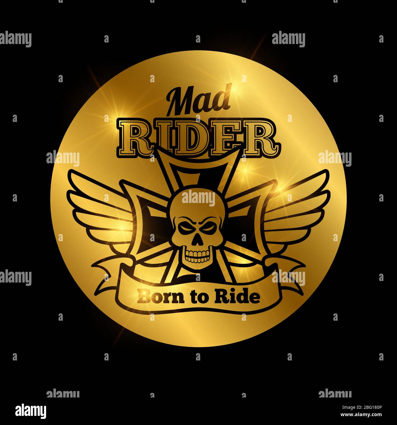 Wütend Schädel Motorrad Fahrer glänzendes Emblem auf goldener Kulisse. Vektorgrafik Stock Vektor