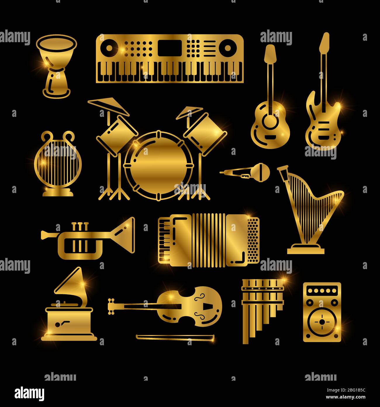 Glänzend goldenen klassischen Musikinstrumente, Silhouetten Vektor-Symbole Illustration Stock Vektor