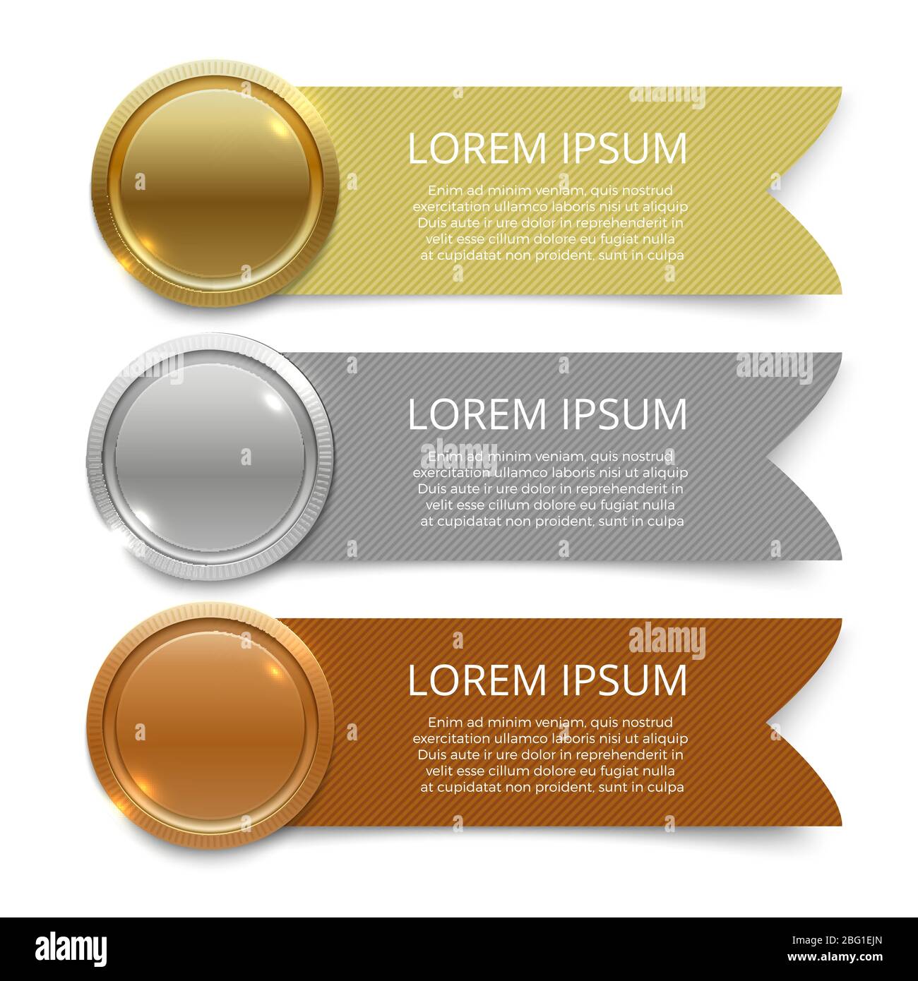 Gold-, Silber- und Bronzemedaillen mit Bannern für Textgestaltung. Vektorgrafik Stock Vektor
