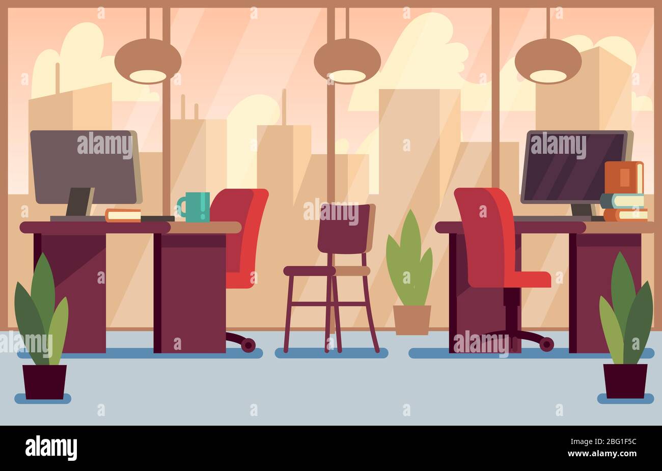 Corporate Business Office stilvolle moderne Interieur Vektor Illustration. Büroarbeitsplatz mit Tisch und Computer Stock Vektor