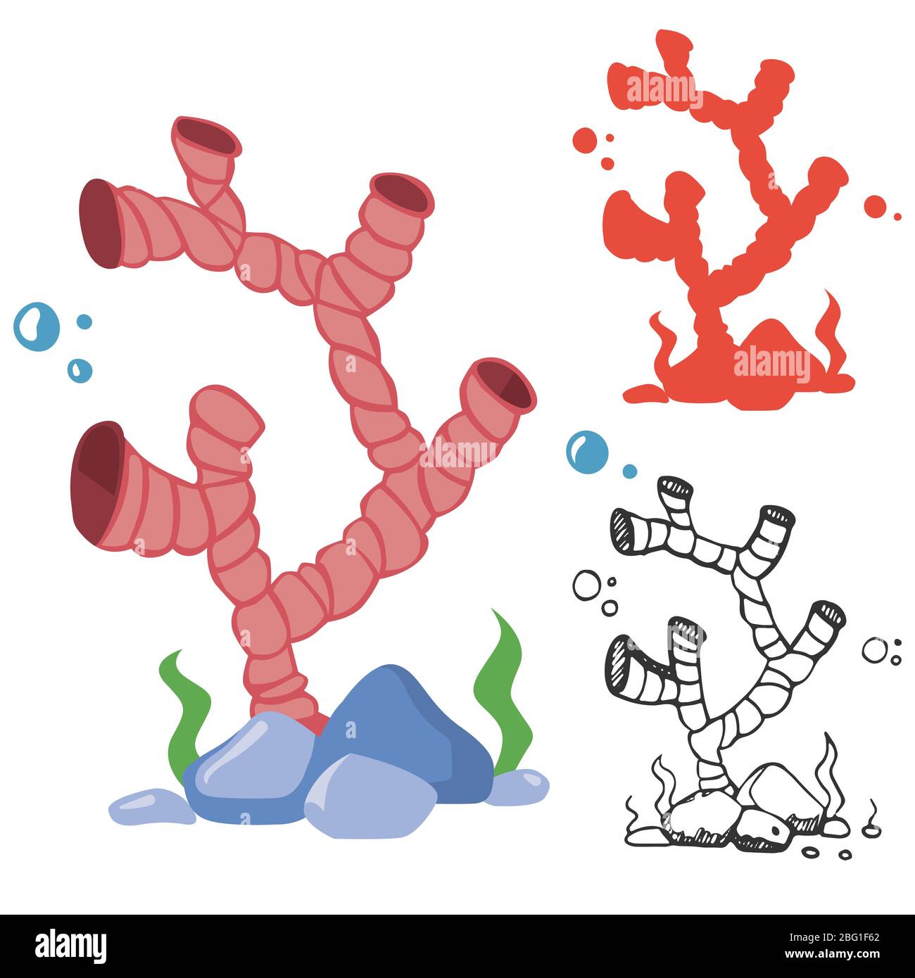 Doodle, Silhouette und helle Korallen Set. Meerpflanzen, Vektorgrafik Stock Vektor