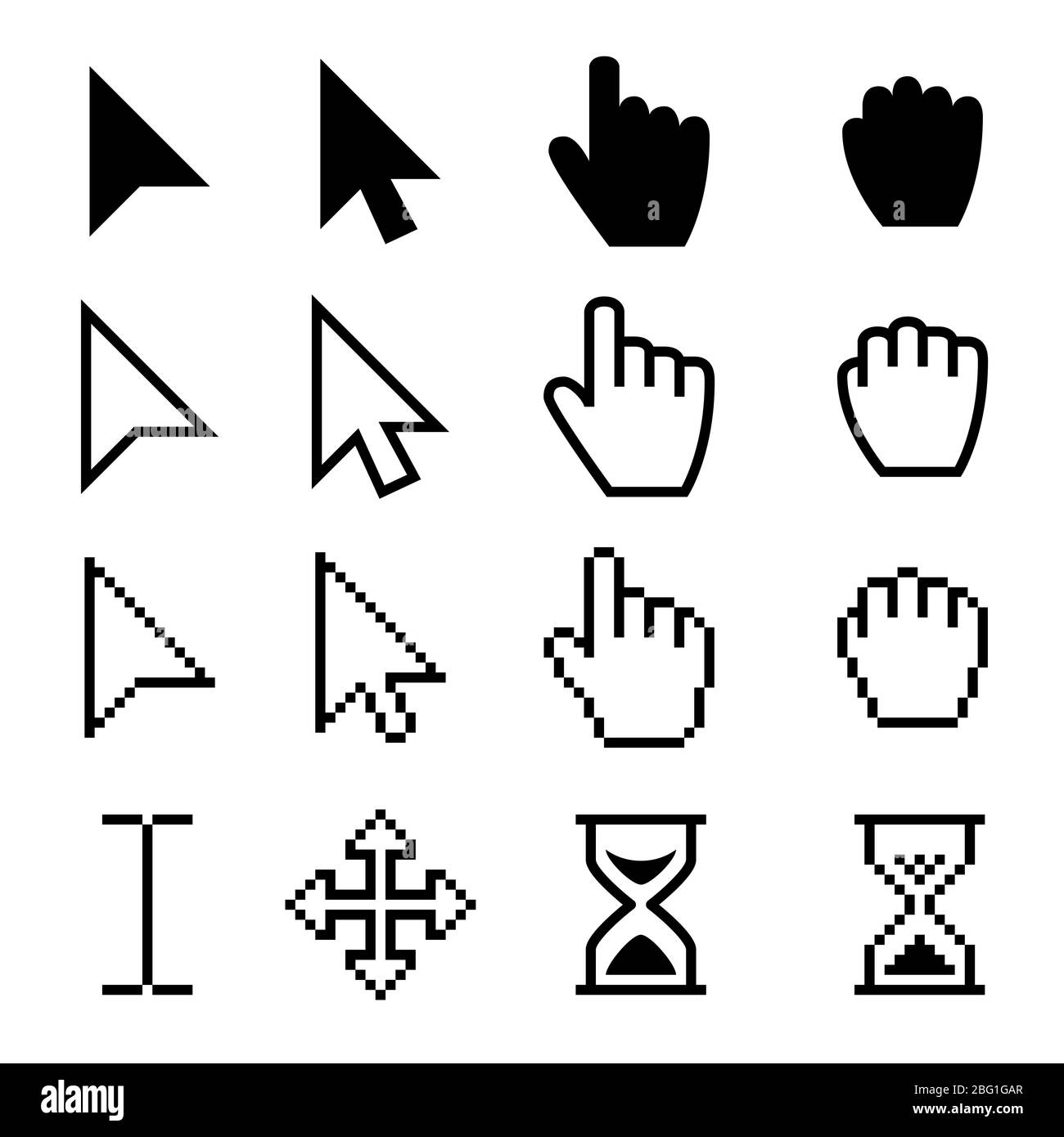Pfeil Web Cursor, digitale Hand Zeiger Vektor schwarze Piktogramme. Pfeilcursor Pixel digital, Web-Pointing und Sanduhr Illustration Stock Vektor