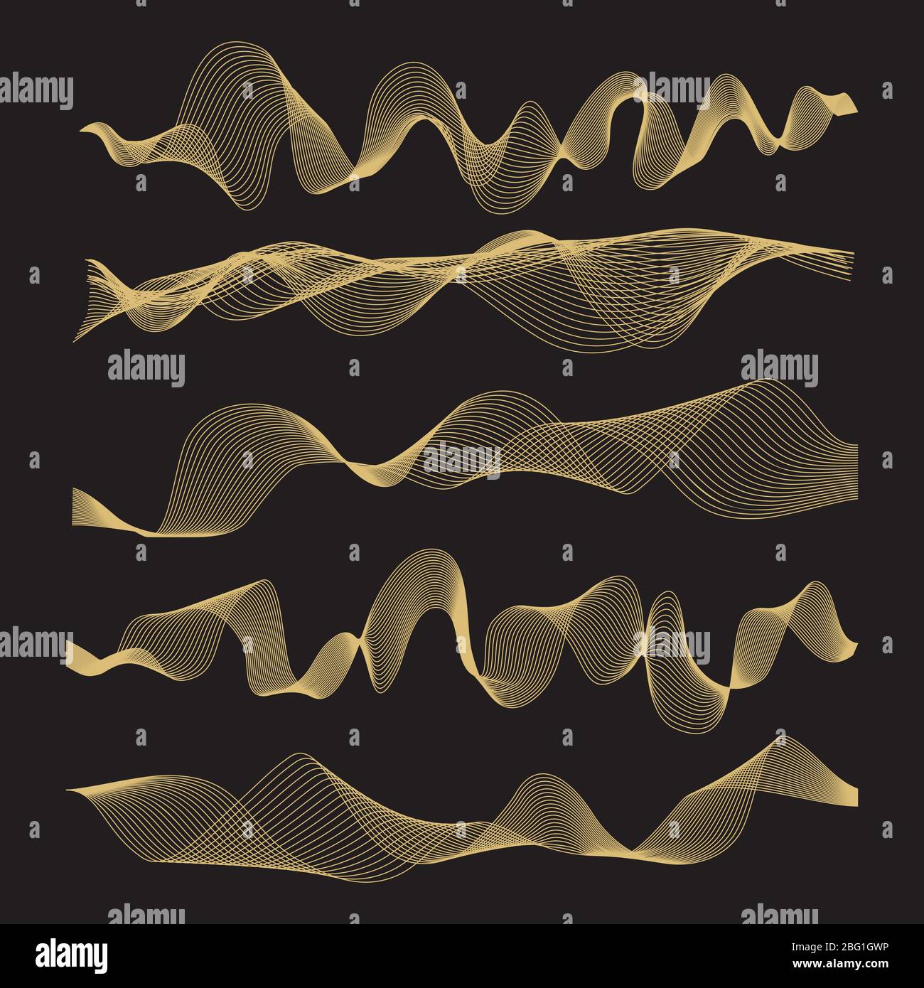 Vektor für abstrakte Wellen auf schwarzem Hintergrund gesetzt. Illustration der Kurvenlinie, kreative glatte digitale Wellenform Stock Vektor
