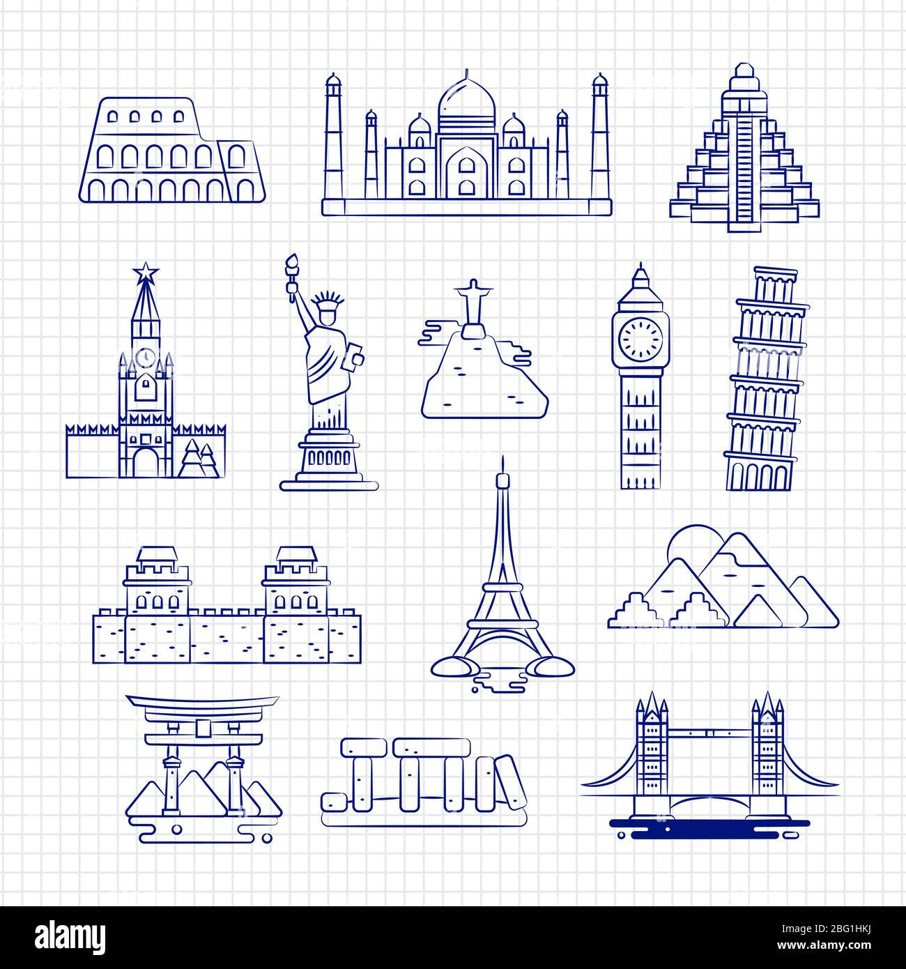 Kugelschreiber Zeichnung international Land linearen Orientierungs Vektor auf Notizbuch-Seite. Wahrzeichen Ballpoint berühmten Denkmal und Architektur Illustration Stock Vektor
