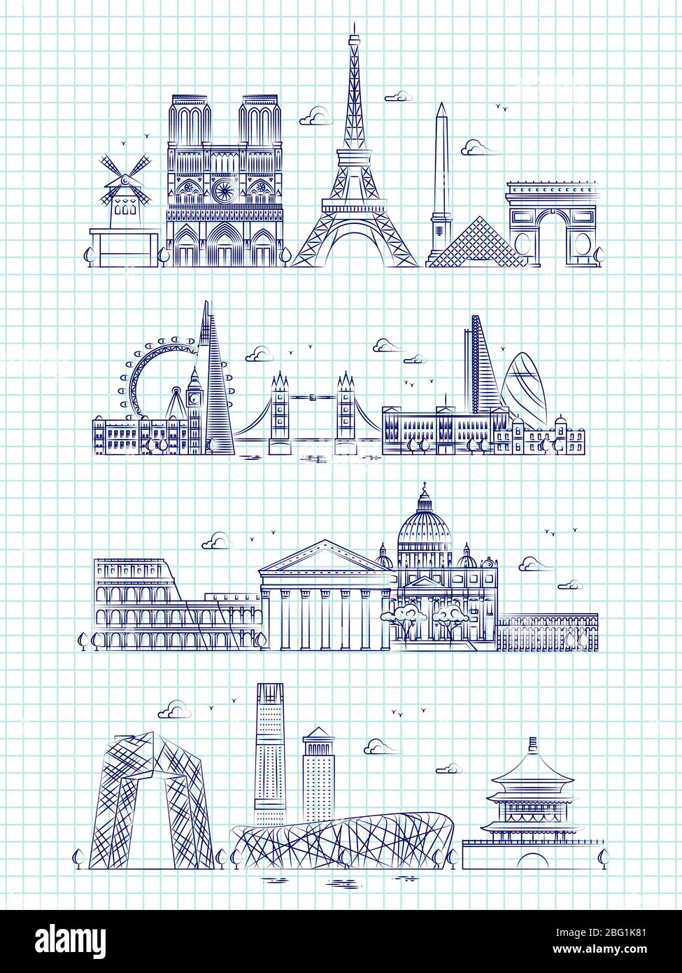 Beliebte Wort Städte Umriss Panorama auf Notebook-Seite. Gebäude Panorama Stadtbild london und rom, paris und hongkong Illustration Stock Vektor