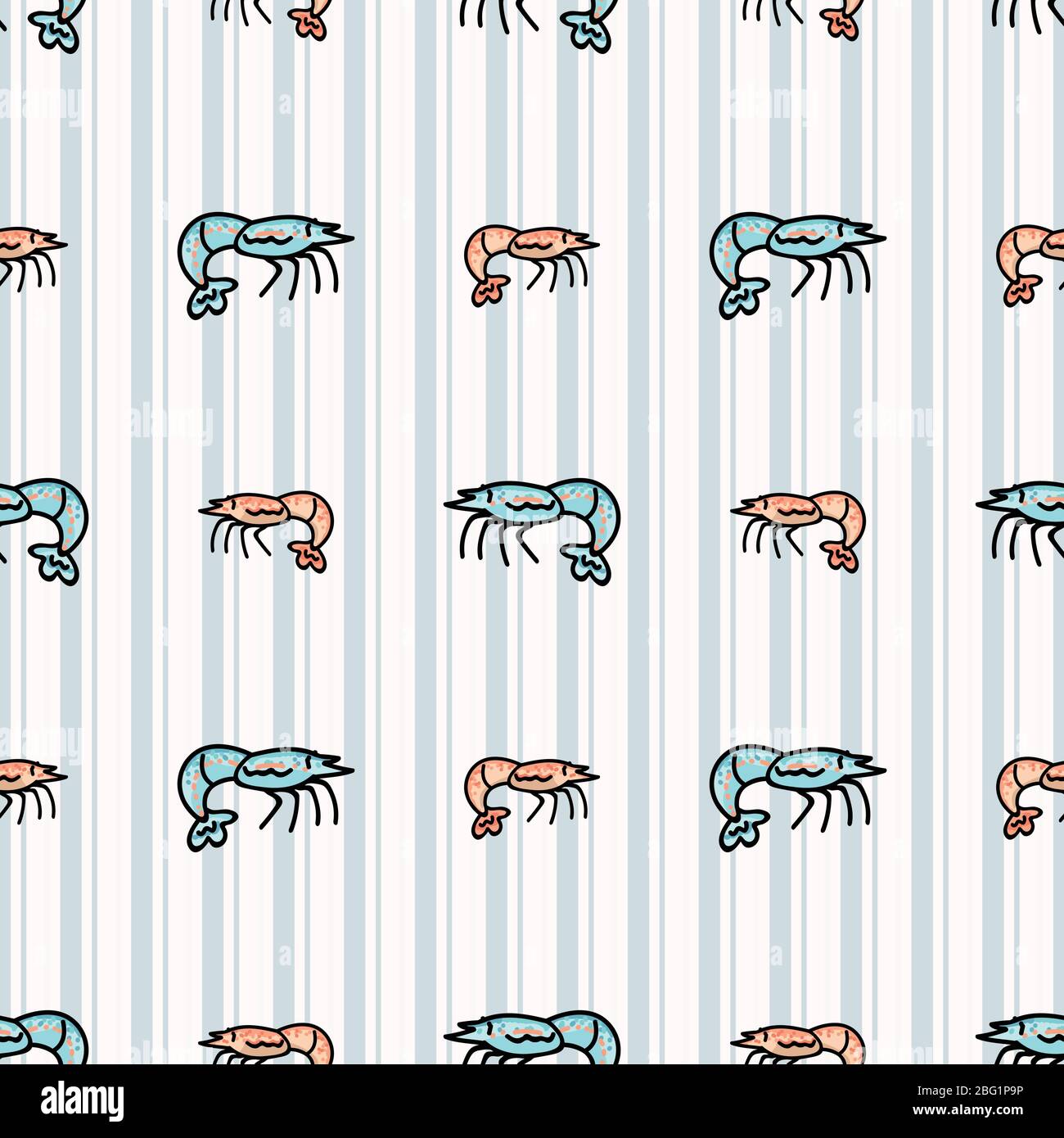 Nette Garnelen Cartoon nahtlose Vektor-Muster. Handgezeichnete Krustentiere für marine Leben Blog. Garnelenarthropod auf der ganzen Seite gedruckt. Meereswelt Hintergrund. Stock Vektor
