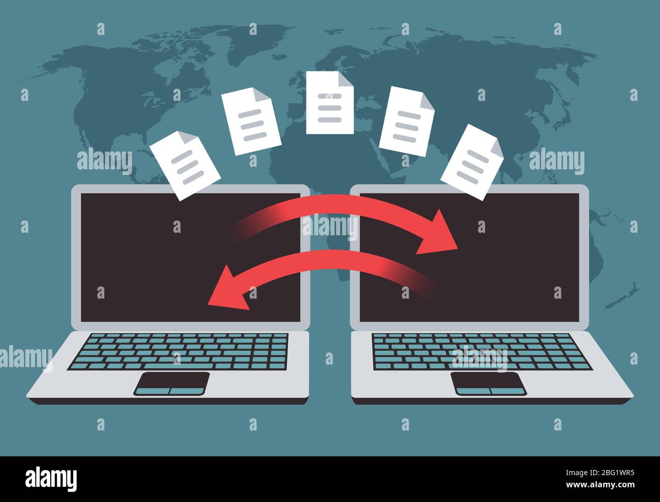 Informationsaustausch zwischen Computern. Dateiübertragung, Datenmanagement und Backup-Dateien Vektorkonzept. Transfer Dokument und Datei, Technologie-Backup Stock Vektor