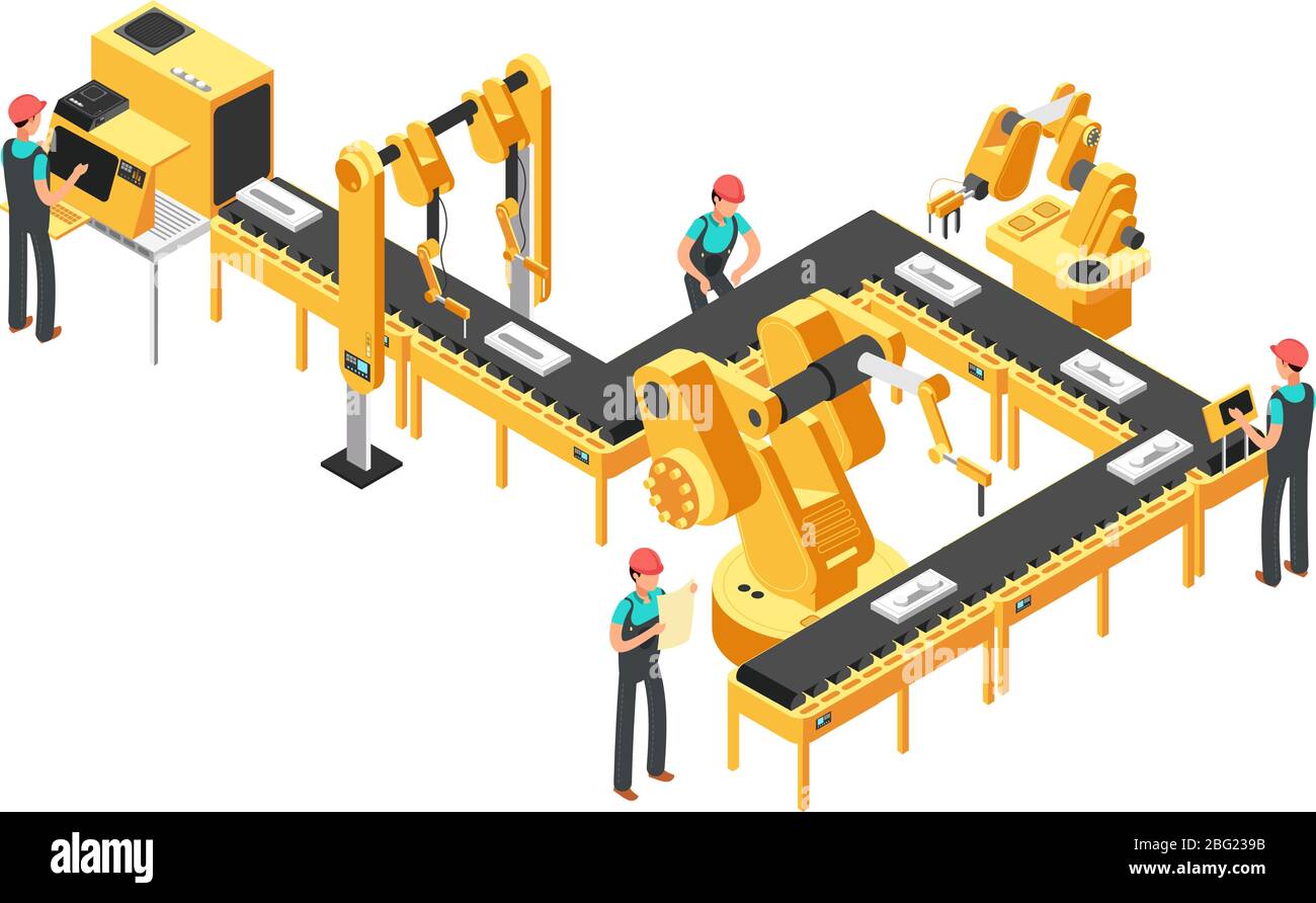 Automatisierte Produktionslinie, Werksförderer mit Arbeitern und Roboterarme isometrisches industrielles Vektorkonzept. Illusstration der industriellen Steuerungs- Kontra Stock Vektor