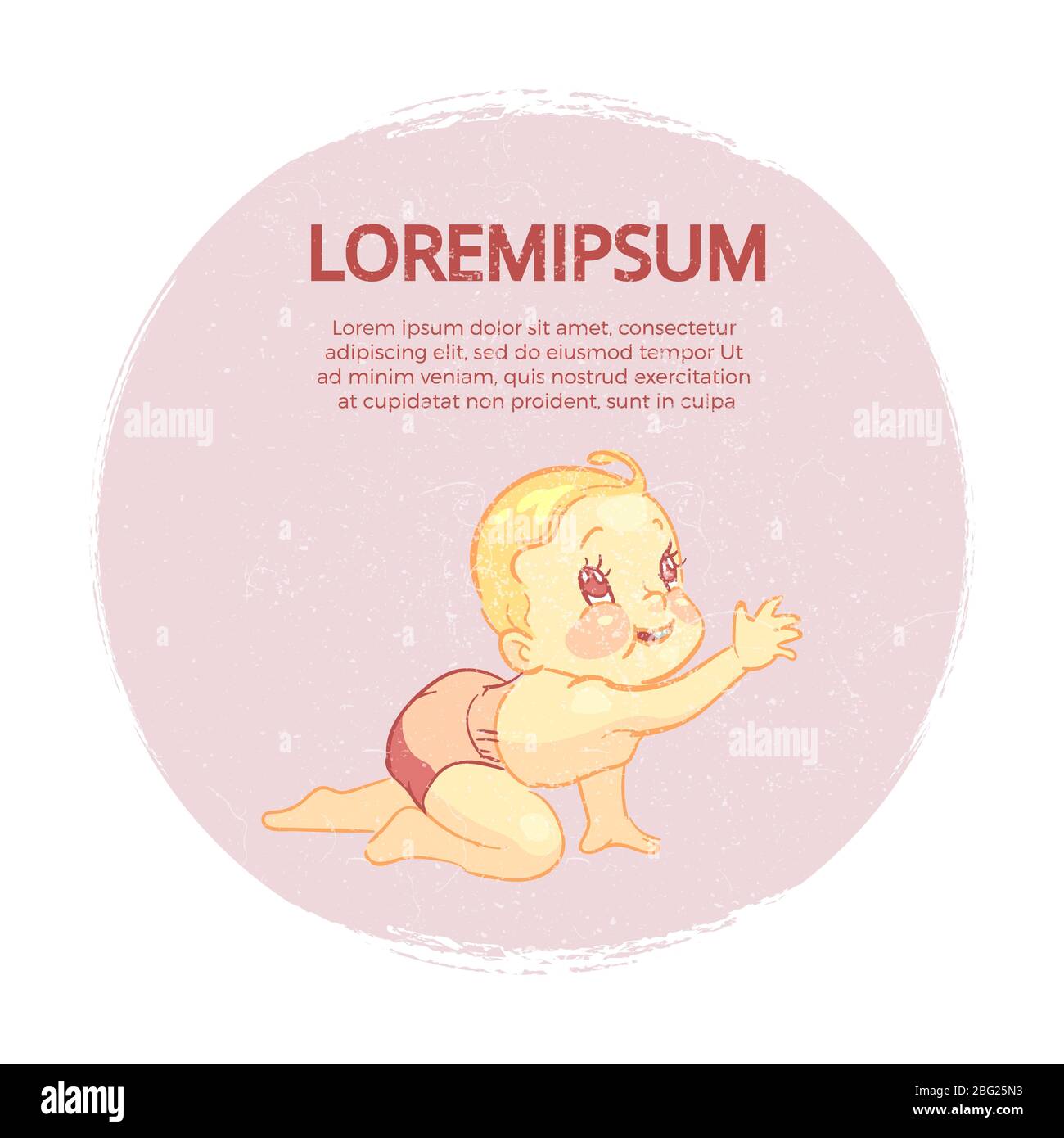 Grunge Banner mit niedlichen Cartoon Baby Mädchen in Runde. Vektorgrafik Stock Vektor