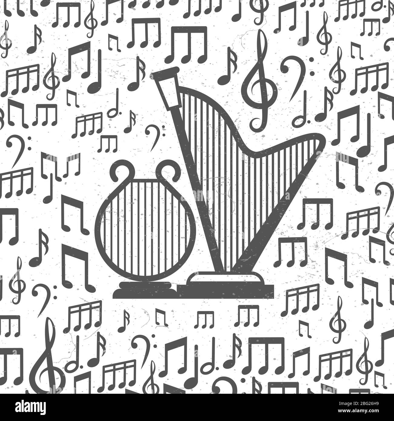 Grauer Grunge-Musik-Hintergrund mit Harfen und Noten. Vektorgrafik Stock Vektor
