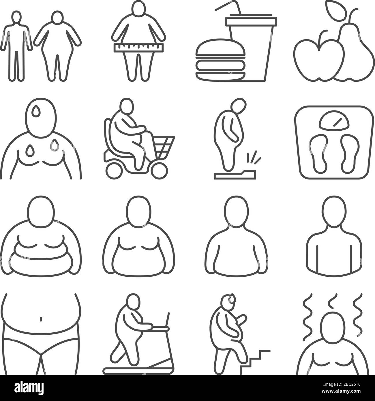 Adipositas Klassifizierung, ungesunde übergewichtige Menschen und Körper Aussehen Ebenen Vektor-Linien-Symbole. Menschen Körper Übergewicht und Adipositas Illustration Stock Vektor