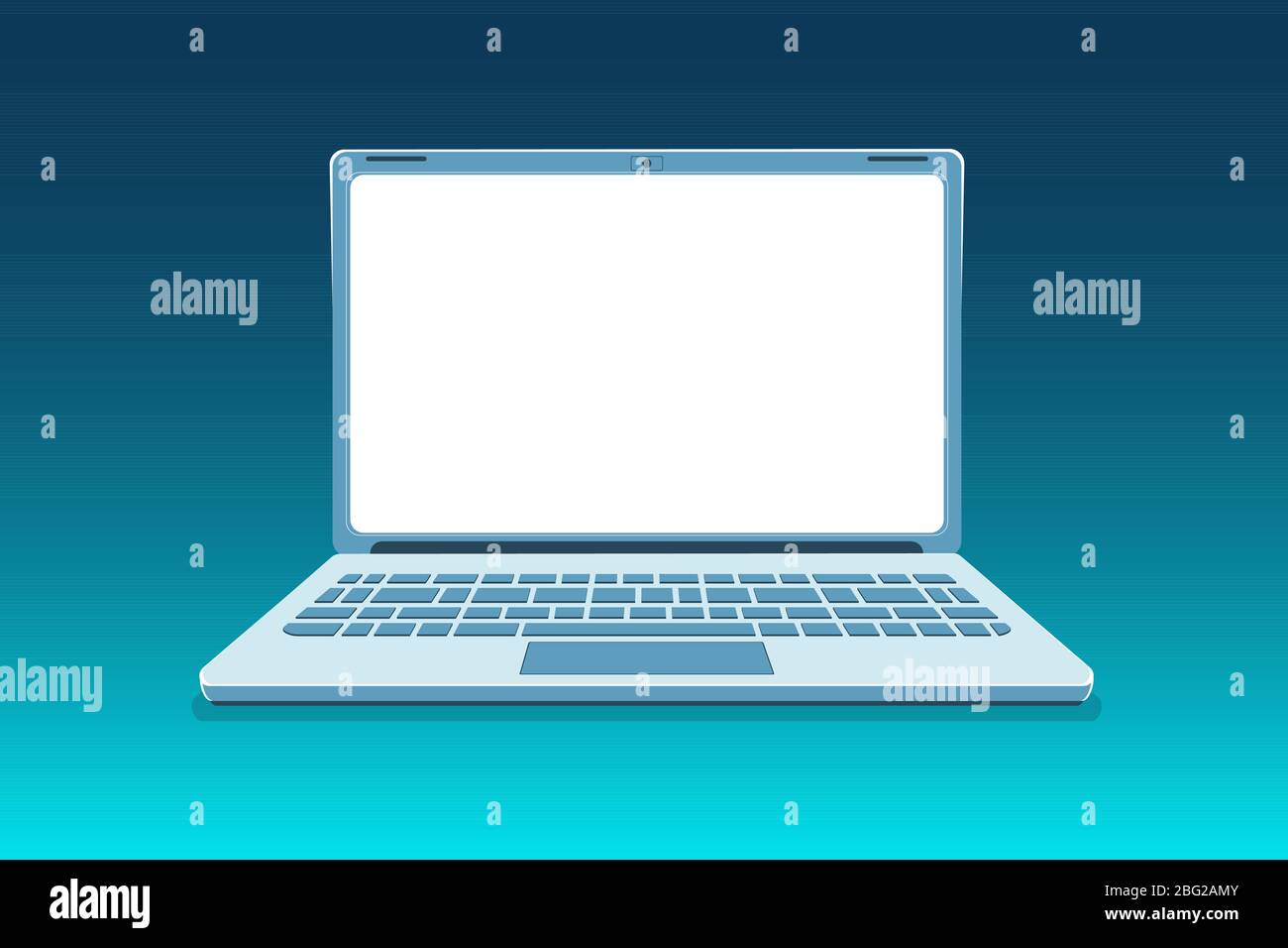 Offene Laptop Mockup Vorderansicht auf modernem blauen Hintergrund. Technologie Vektor-Illustration rahmenlos mit leerem Bildschirm. Raumüberwachung kopieren. Leichtes, klares Rahmendesign. Vorlage für Computertechnologie. Stock Vektor