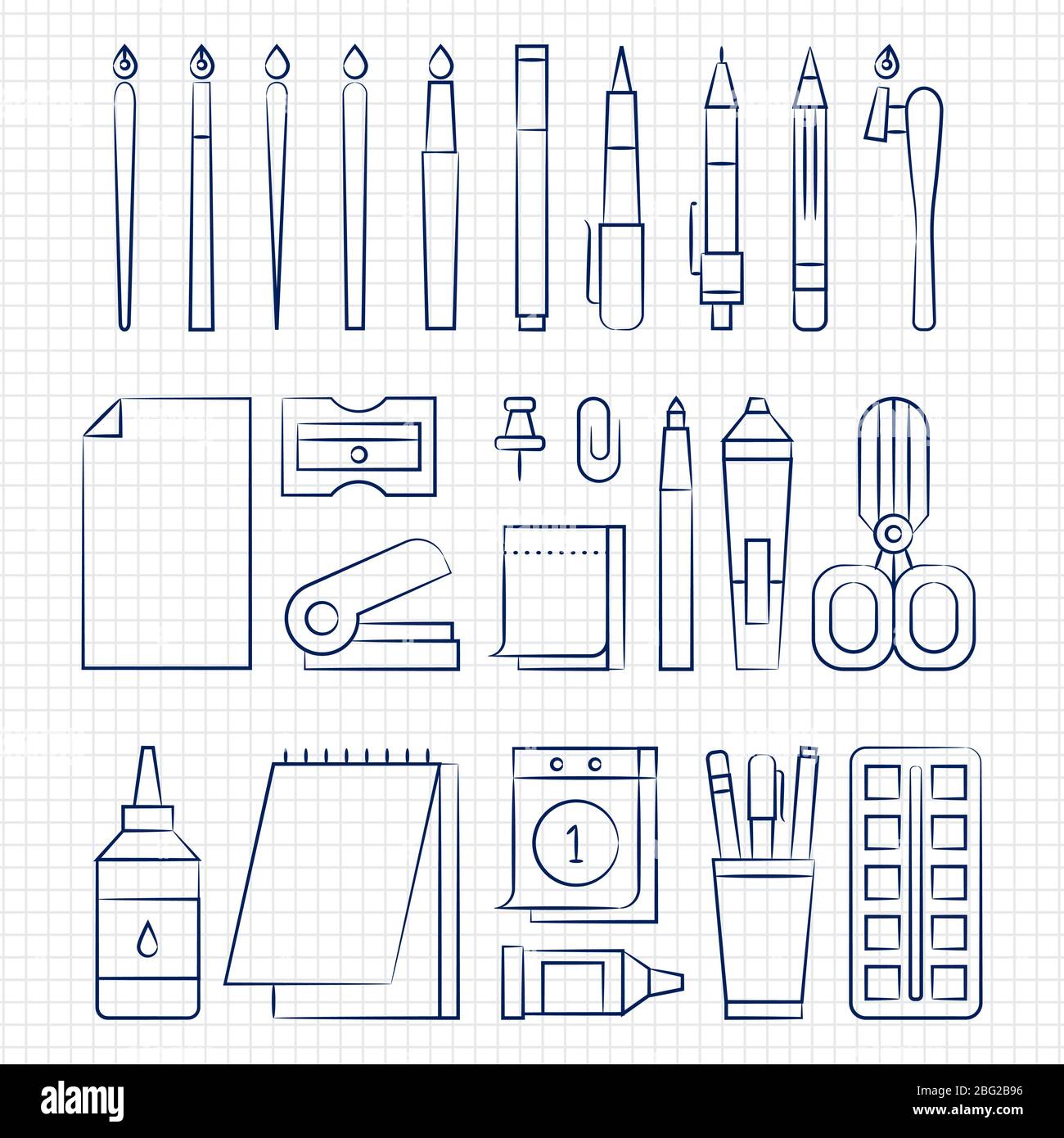 Kugelschreiber Zeichnung Büro Schreibwaren lineare Symbole auf Notizbuch-Seite. Vektorgrafik Stock Vektor