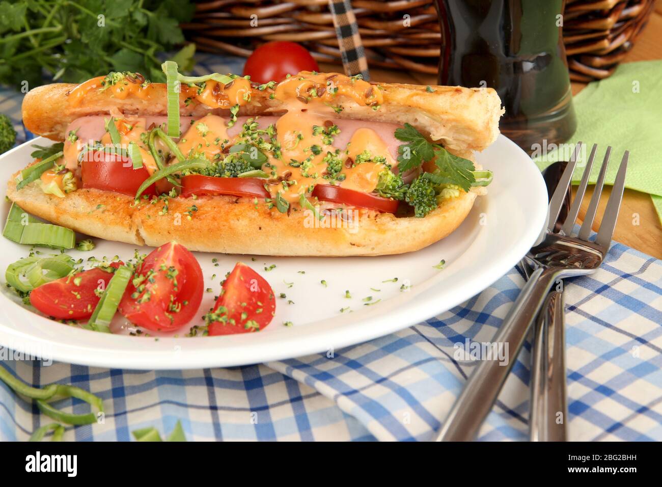 Leckerer Hot Dog auf dem Teller bei Picknick-Nahaufnahme Stockfoto