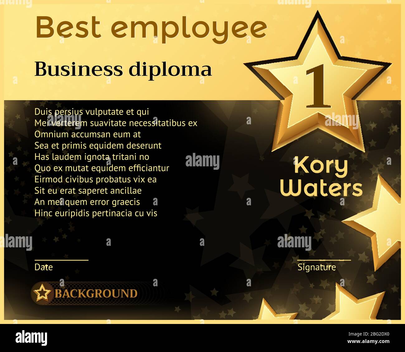 Beste monatliche Mitarbeiter Business Diplom Anerkennung Auszeichnung Vektor Vorlage. Beste Mitarbeiterurkunde, Ehrenbanner mit goldener Sternillustration Stock Vektor