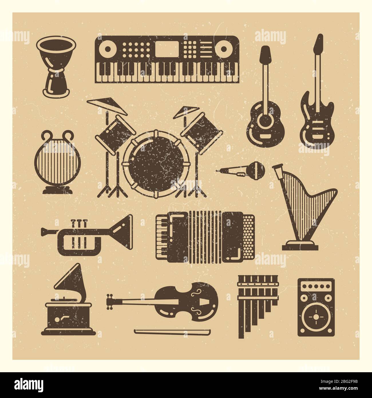 Klassische Musikinstrumente Grunge Silhouetten Set. Vector Musikinstrument und Musik Sound Illustration Stock Vektor