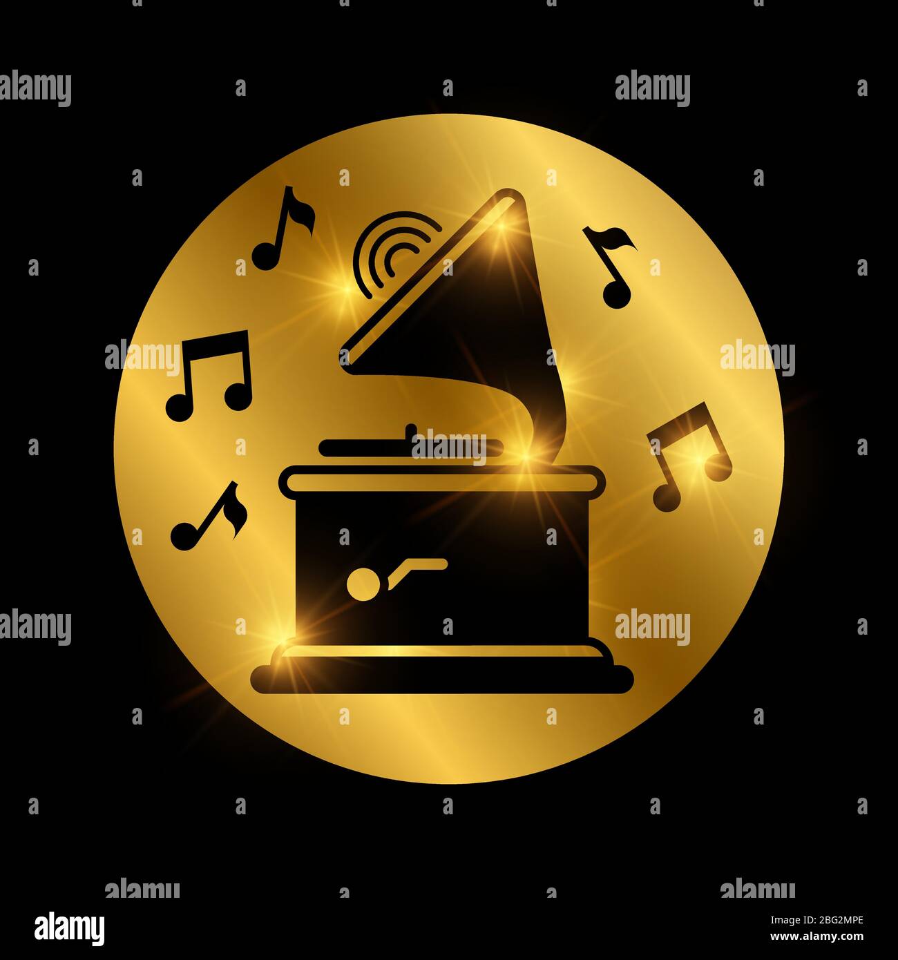 Schlichtes schwarzes, glänzendes Grammophon und Noten auf Gold. Vektorgrafik Stock Vektor