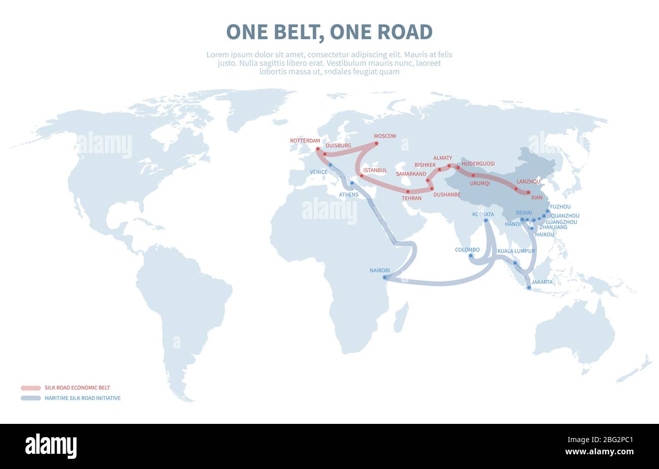 Asien und Europa internationale Transitstraße. Chinesische Transport neue Seidenstraße. Exportieren und Importieren von Pfadglobus Map Vektorgrafik. Karte für den Straßentransport Stock Vektor