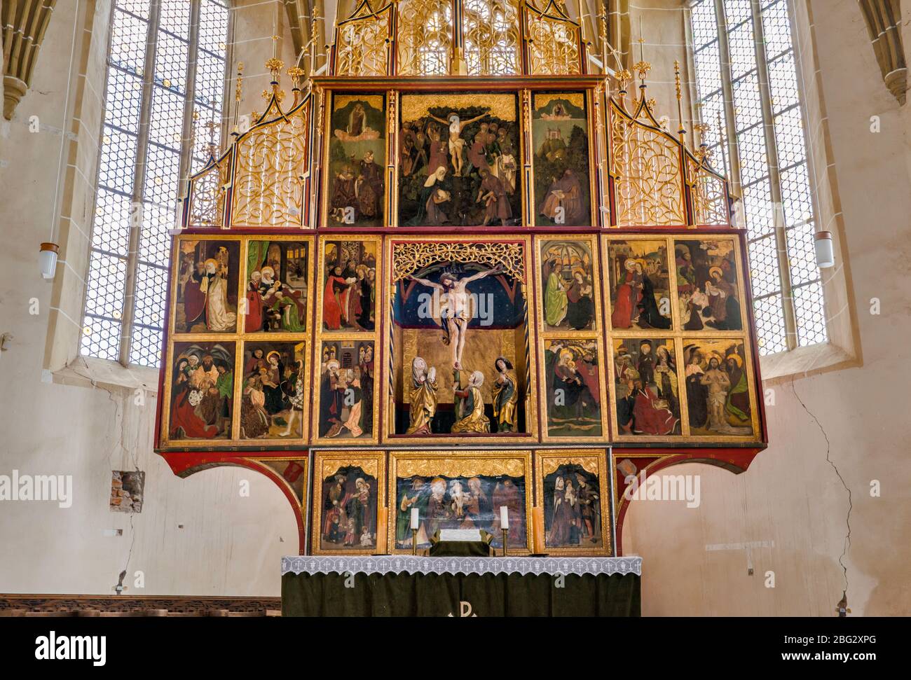 Altarbild an befestigten mittelalterlichen sächsischen Kirche im Dorf Biertan, UNESCO-Weltkulturerbe, in der Nähe von Medias, Sibiu County, Siebenbürgen, Rumänien Stockfoto