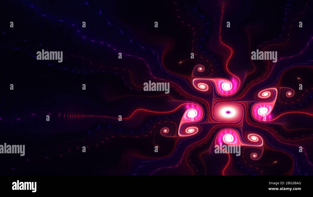 Abstrakte fraktale Kunst mit blauem und rotem Lila auf einem dunklen schwarzen Hintergrund. Schöne fraktale Illustration für kreatives Grafikdesign Stockfoto