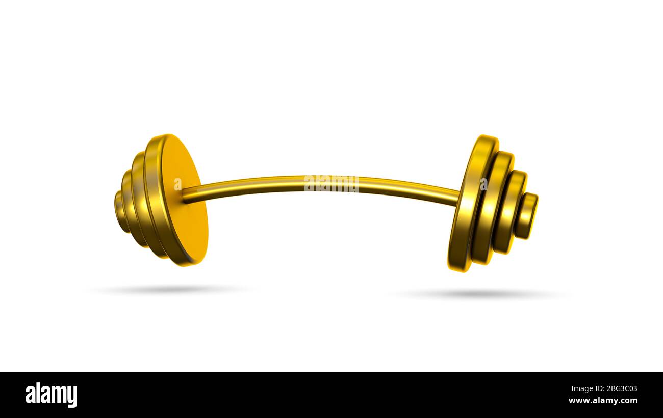Goldene Langhantel für Muskelaufbau in der Turnhalle 3d-Illustration auf weißem Hintergrund isoliert Stockfoto