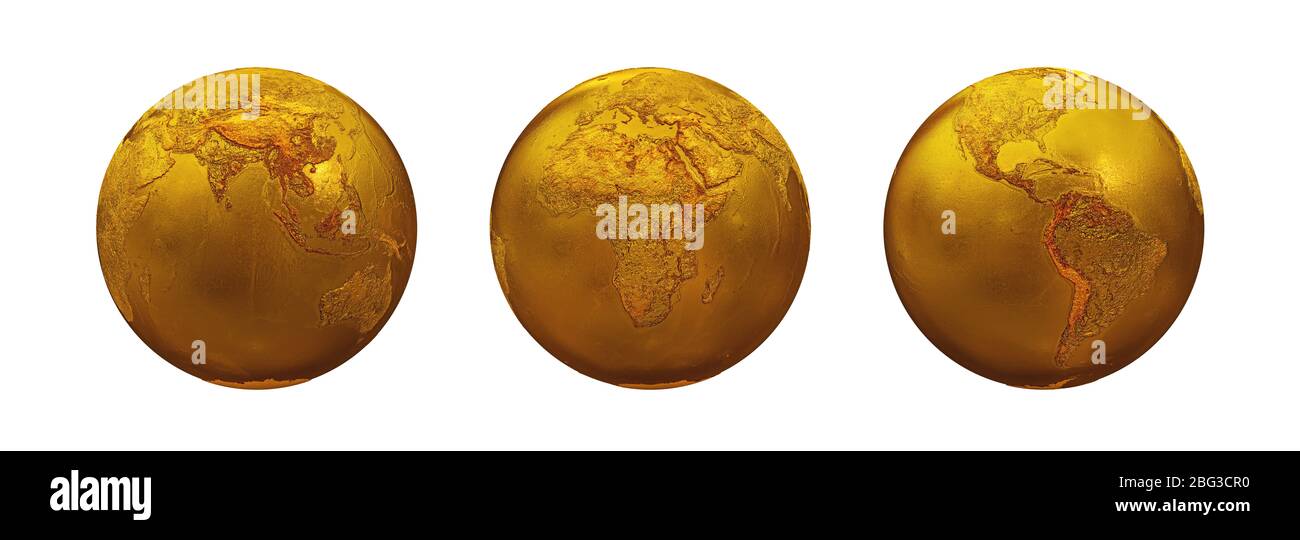 Realistische Reihe von Topographie Golden Metal Earth Globe isoliert auf einem weißen Hintergrund. Asien, Europa, Afrika, Amerika, Australien. 3d Rendering illustrati Stockfoto