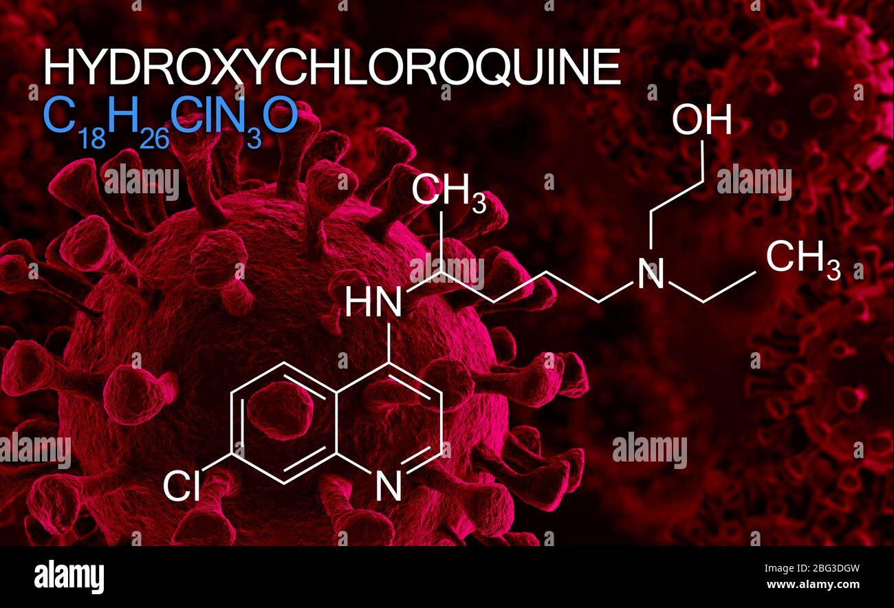 Hydroxychloroquin, Chloroquin Medizin Substanzformel in der Behandlung für Coronavirus, SARS-CoV-2 verwendet. Aktiv in COVID-19 unterstützende Therapie. Stockfoto