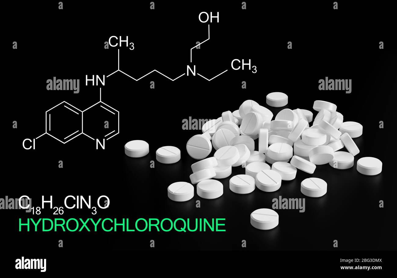 Hydroxychloroquin, Chloroquin Medizin Substanzformel in der Behandlung für Coronavirus, SARS-CoV-2 verwendet. Aktiv in COVID-19 unterstützende Therapie. Stockfoto