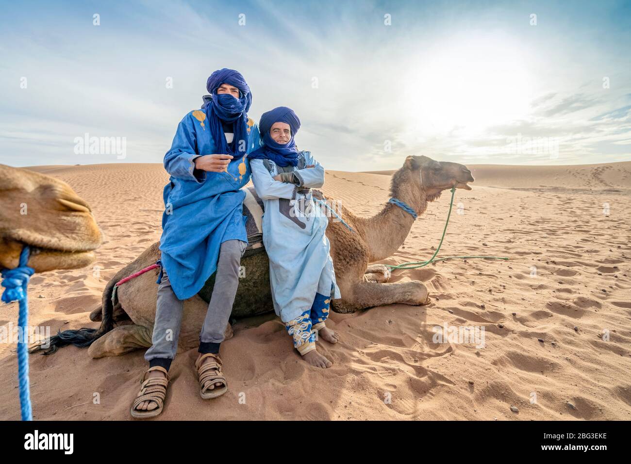 Mhamid, Marokko - 16. März 2020: Beduinen auf dem Kamel auf den Dünen der Sahara, Afrika Stockfoto
