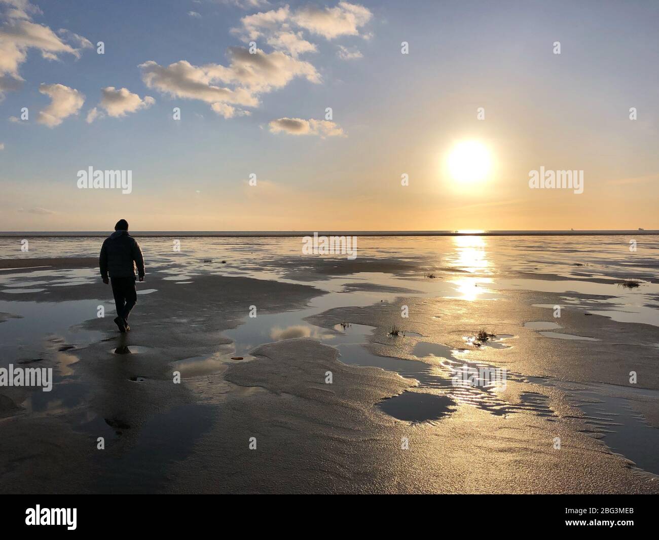 Silhouette eines Mannes, der bei Sonnenuntergang am Strand spazierengeht, Fanoe, Jütland, Dänemark Stockfoto