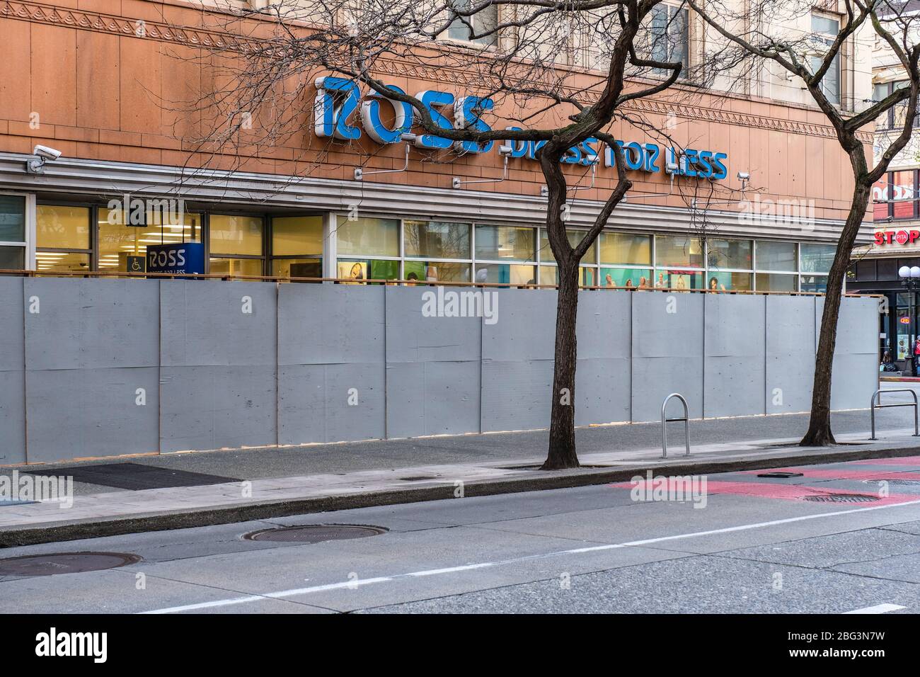 Leere Straße in Downtown Seattle wegen Coronavirus Aufenthalt in Home Ordnung Stockfoto