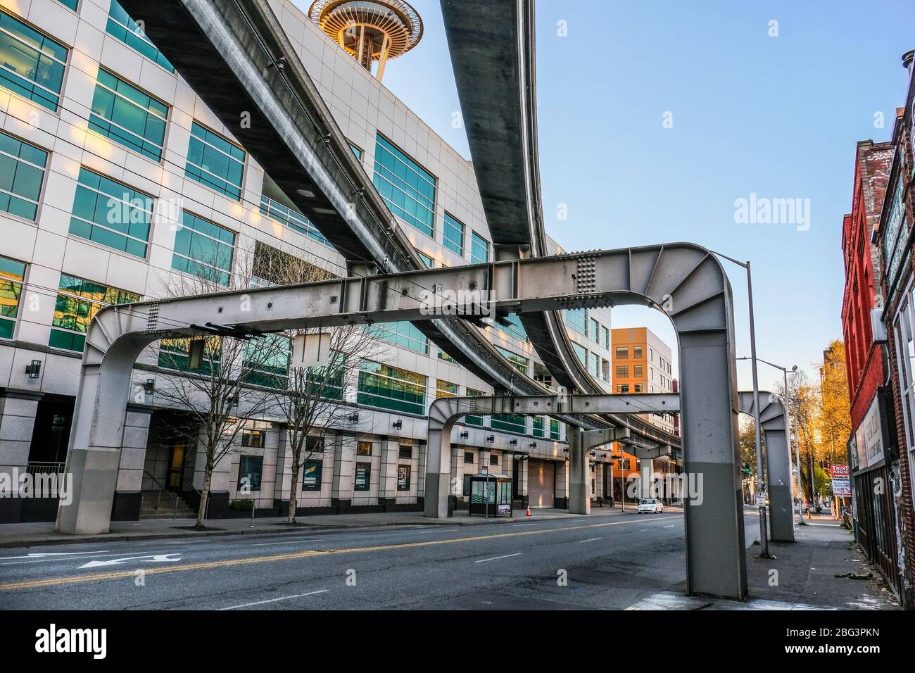 Leere Straße in Downtown Seattle wegen Coronavirus Aufenthalt in Home Ordnung Stockfoto