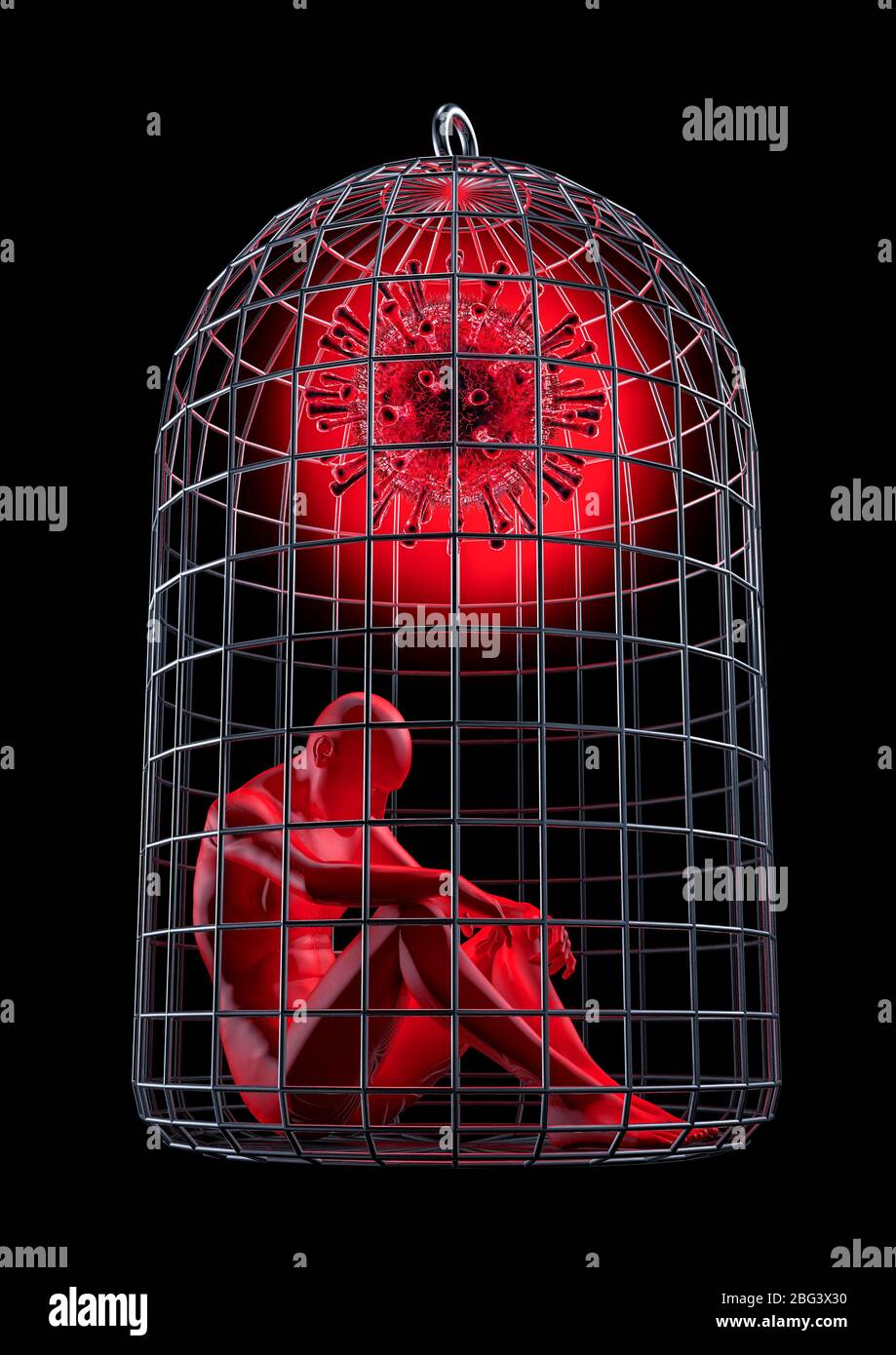 Covid-19 Quarantäne soziale Distanzierung Konzept / 3D-Illustration der gelangweilten männlichen Figur sitzt im Käfig mit roten Coronavirus-Zelle Stockfoto