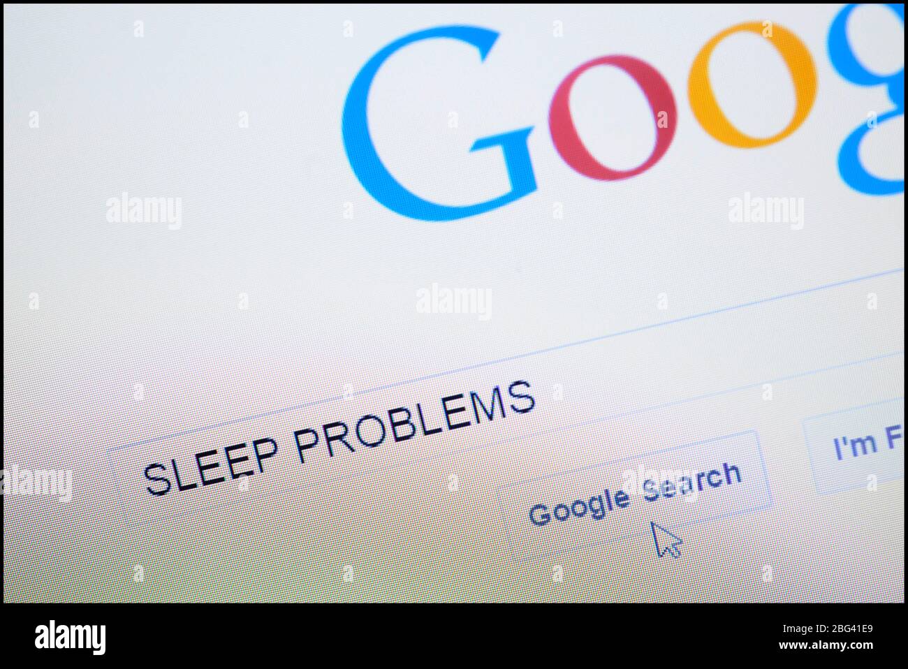 Schlafprobleme in die Suchleiste auf der Google-Homepage eingegeben Stockfoto
