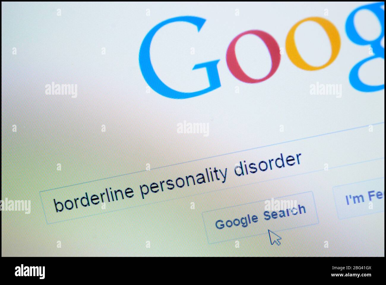 Borderline Persönlichkeitsstörung in Suchleiste auf Google Homepage eingegeben Stockfoto