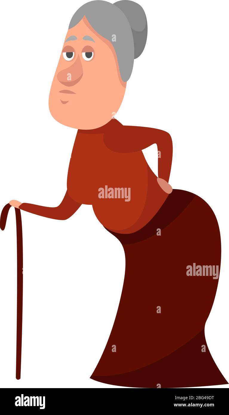Alte Frau mit Stock, Illustration, Vektor auf weißem Hintergrund Stock Vektor