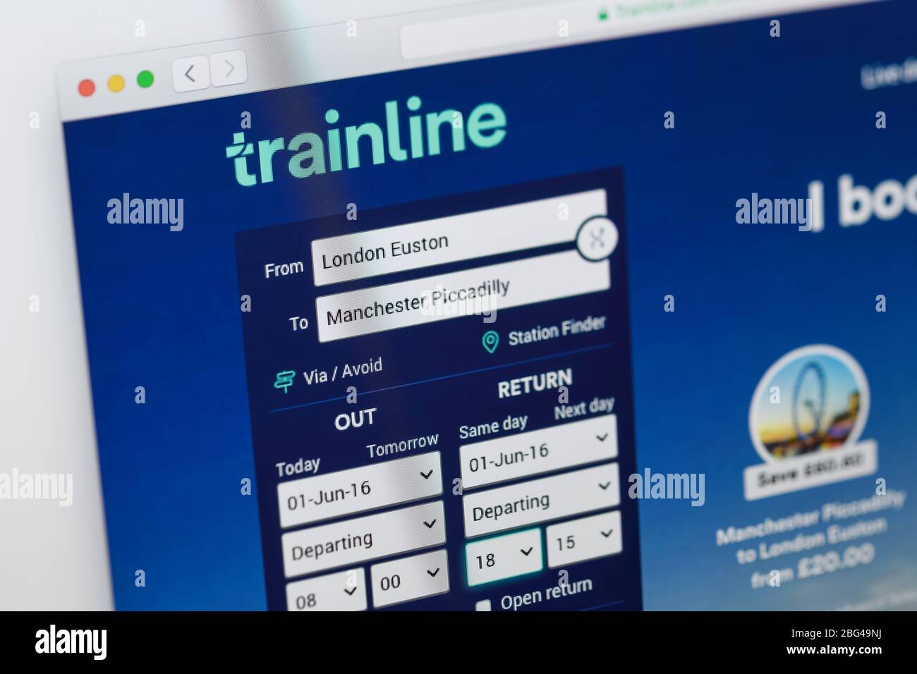 Nahaufnahme der Homepage für Zugticketunternehmen Trainline Stockfoto