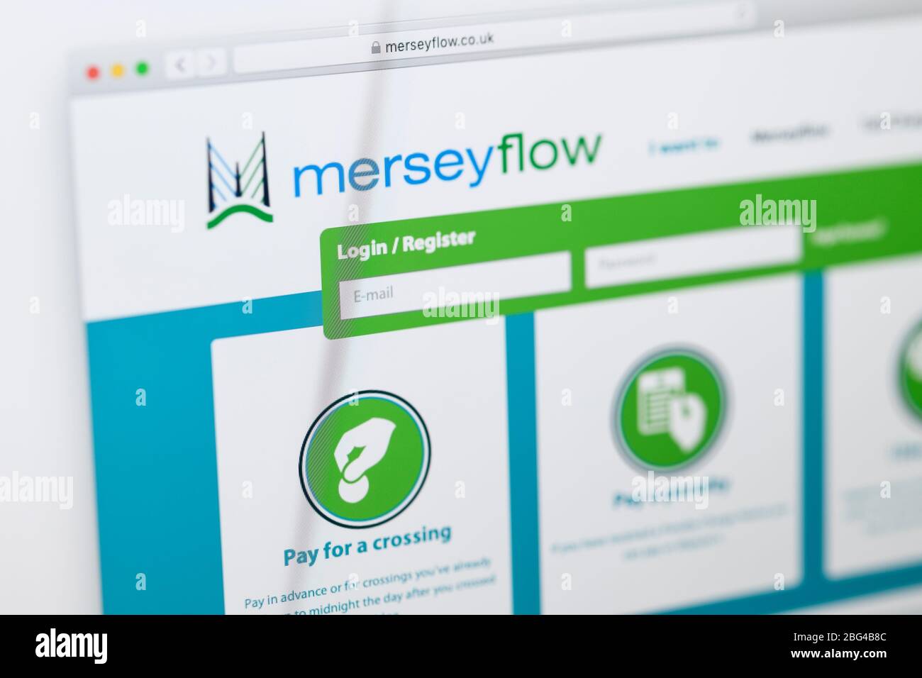 Nahaufnahme der Homepage für die Merseyflow-Website auf einem Computerbildschirm Stockfoto