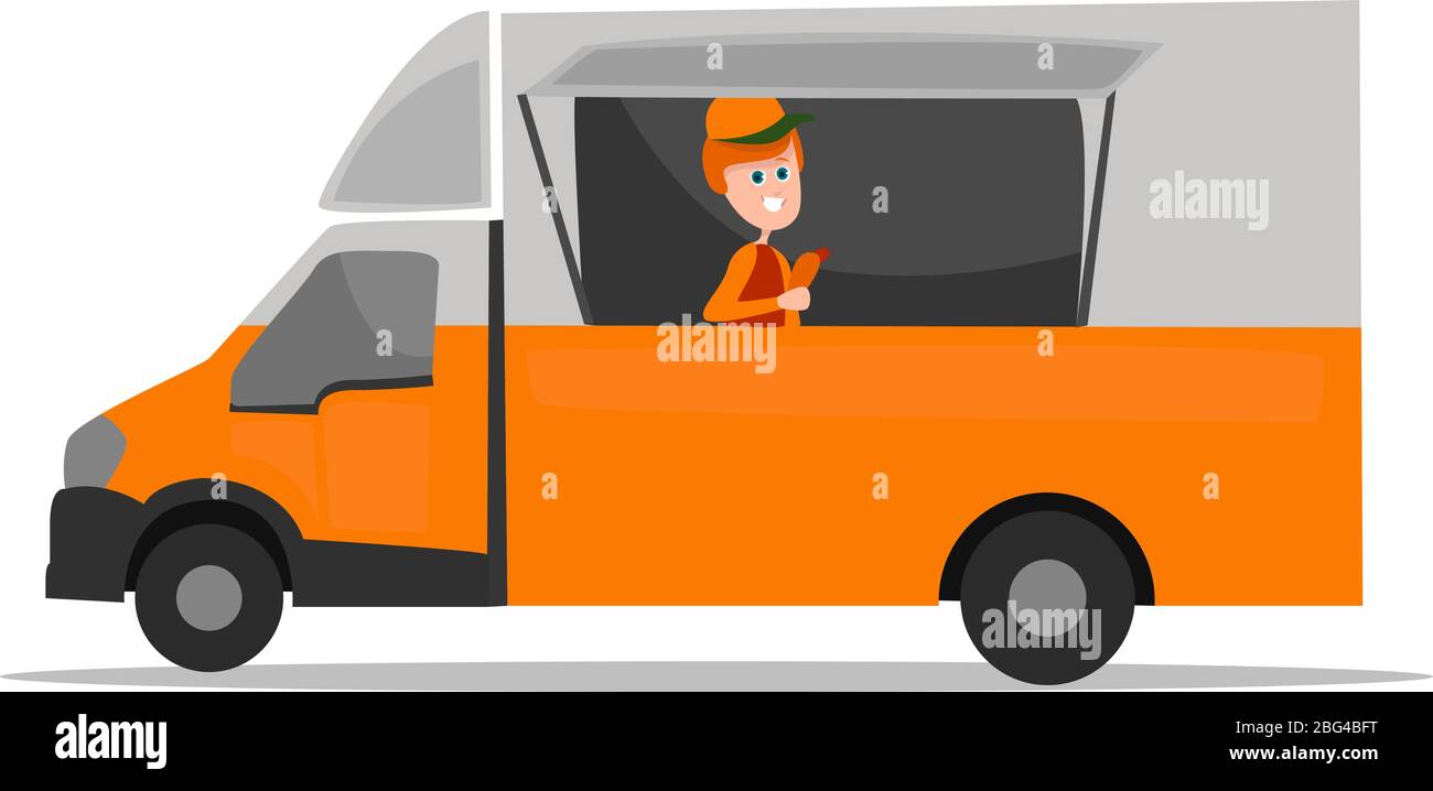 LKW mit Lebensmitteln, Illustration, Vektor auf weißem Hintergrund Stock Vektor