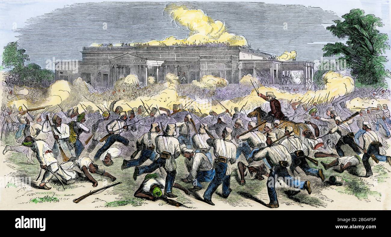 Kampf in Allahabad während der Sepoy Rebellion in Indien, 1857. Handkolorierter Holzschnitt Stockfoto