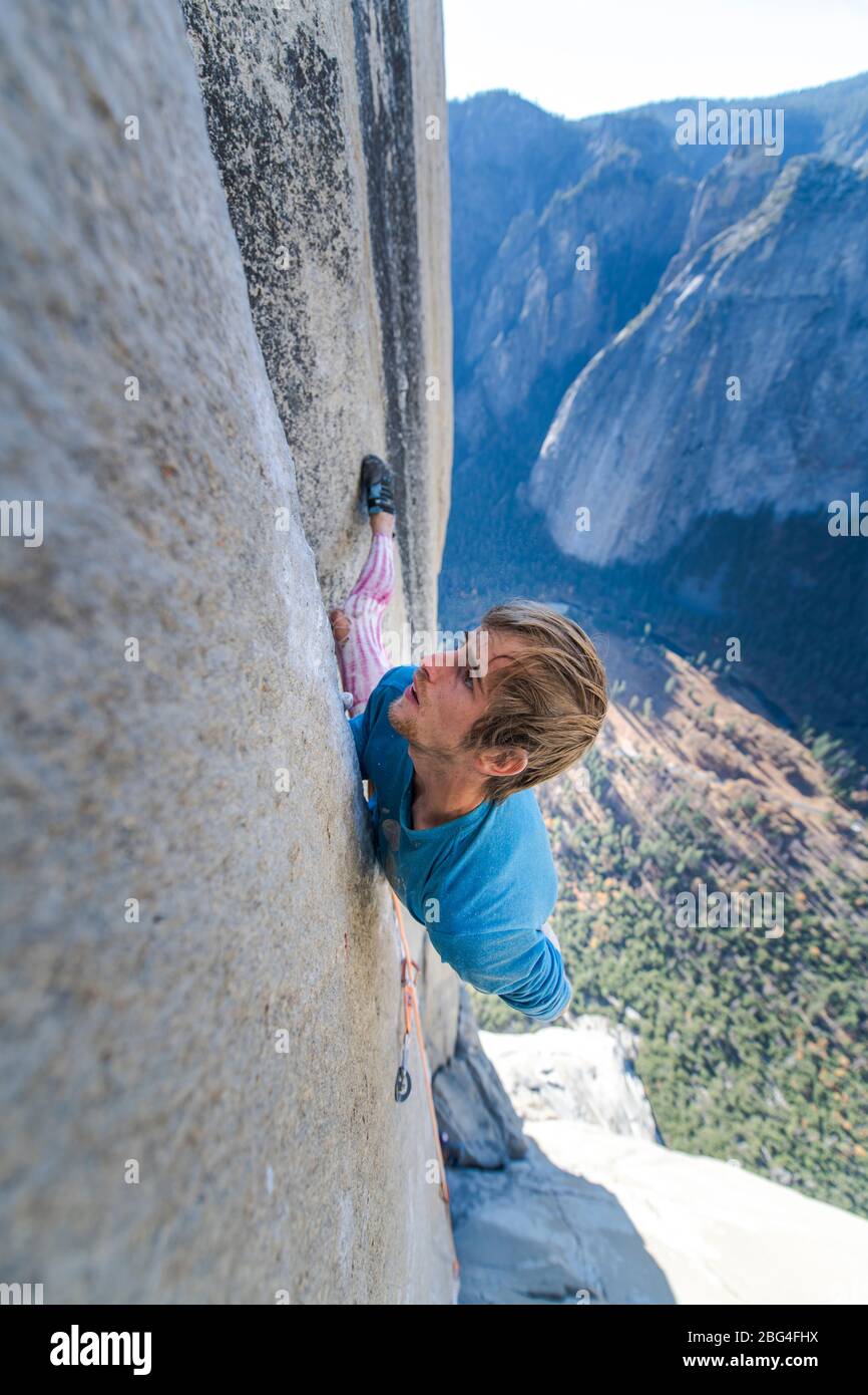 Klettern konzentriert und hoch schauen Klettern stark auf der Nase Yosemite Stockfoto
