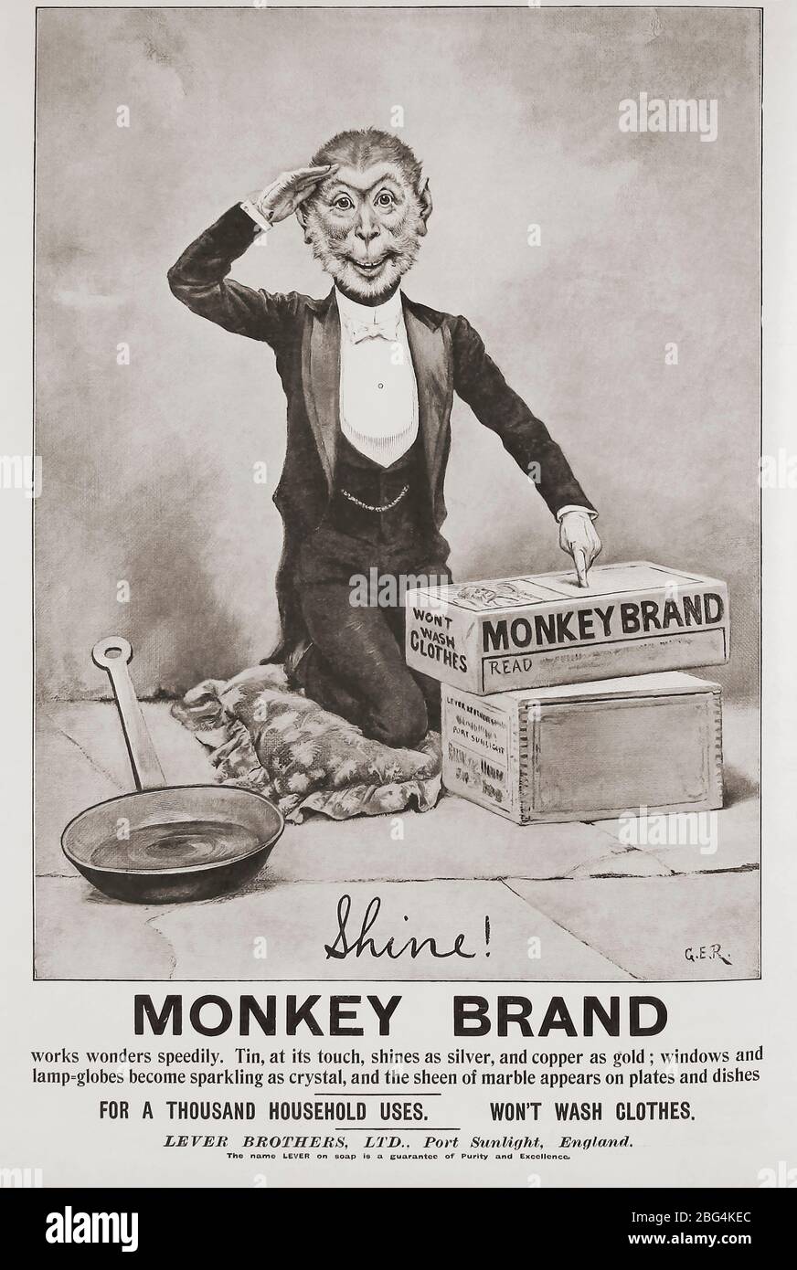 Werbung für Monkey Brand Metallreiniger in der März 1907 Ausgabe der Graphic, einer wöchentlich illustrierten Zeitung, die von 1869 bis 1932 in London erschien. Stockfoto