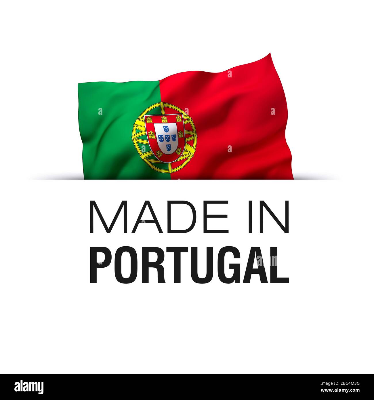 Made in Portugal - Garantieetikett mit schwenkender portugiesischer Flagge. Stockfoto