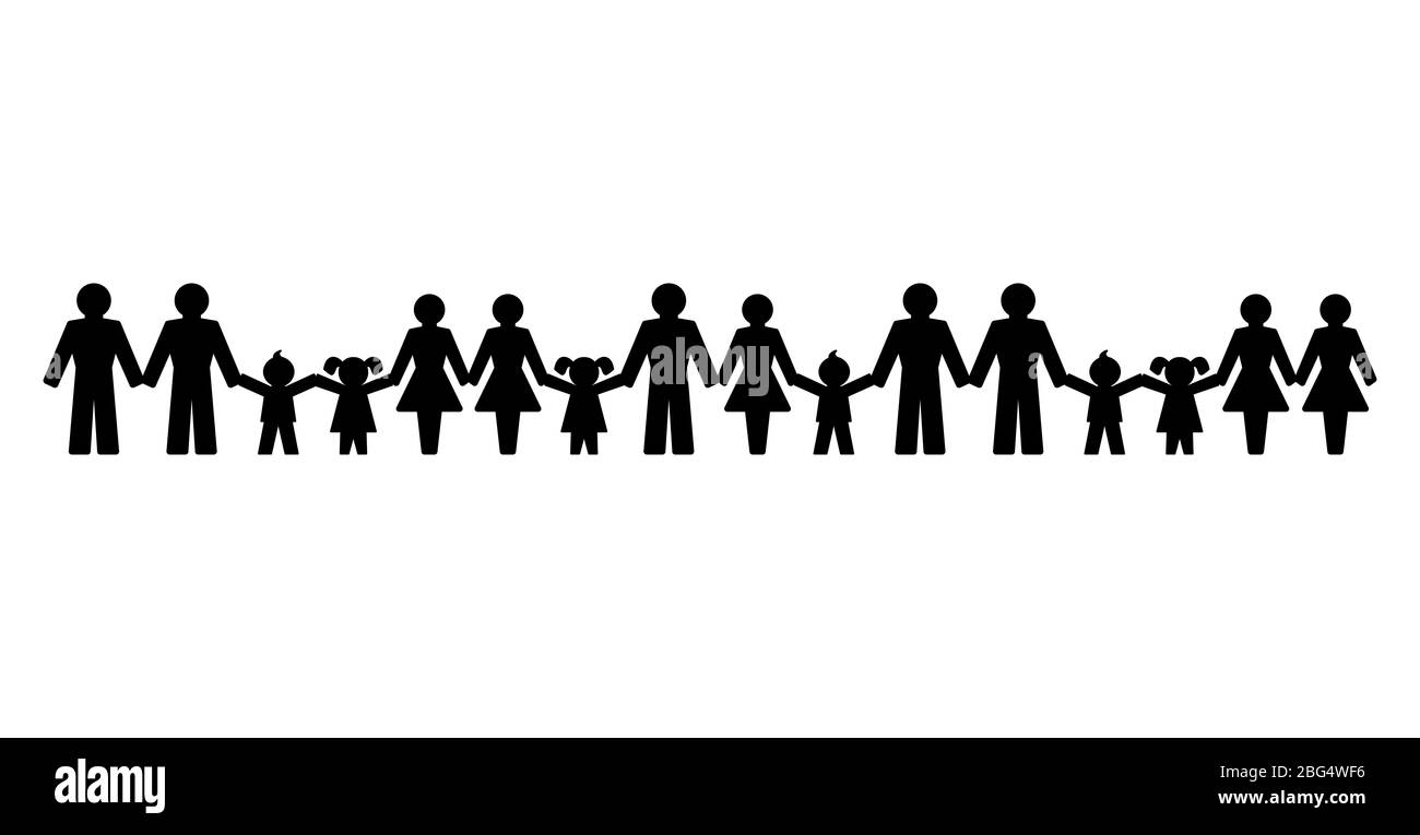 Piktogramme von Menschen, die die Hände halten, in einer Reihe stehen. Abstrakte Symbole verbundener Männer, Frauen und Kinder, die Freundschaft, Liebe und Harmonie ausdrücken. Stockfoto