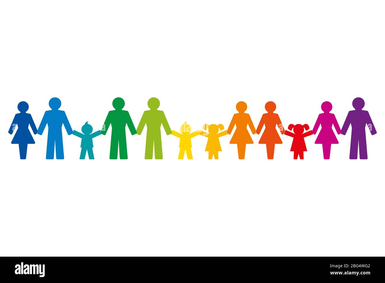 Regenbogenfarbene Piktogramme von Menschen, die die Hände halten, stehen in einer Reihe. Abstrakte Symbole verbundener Menschen, die Freundschaft, Liebe und Harmonie ausdrücken. Stockfoto