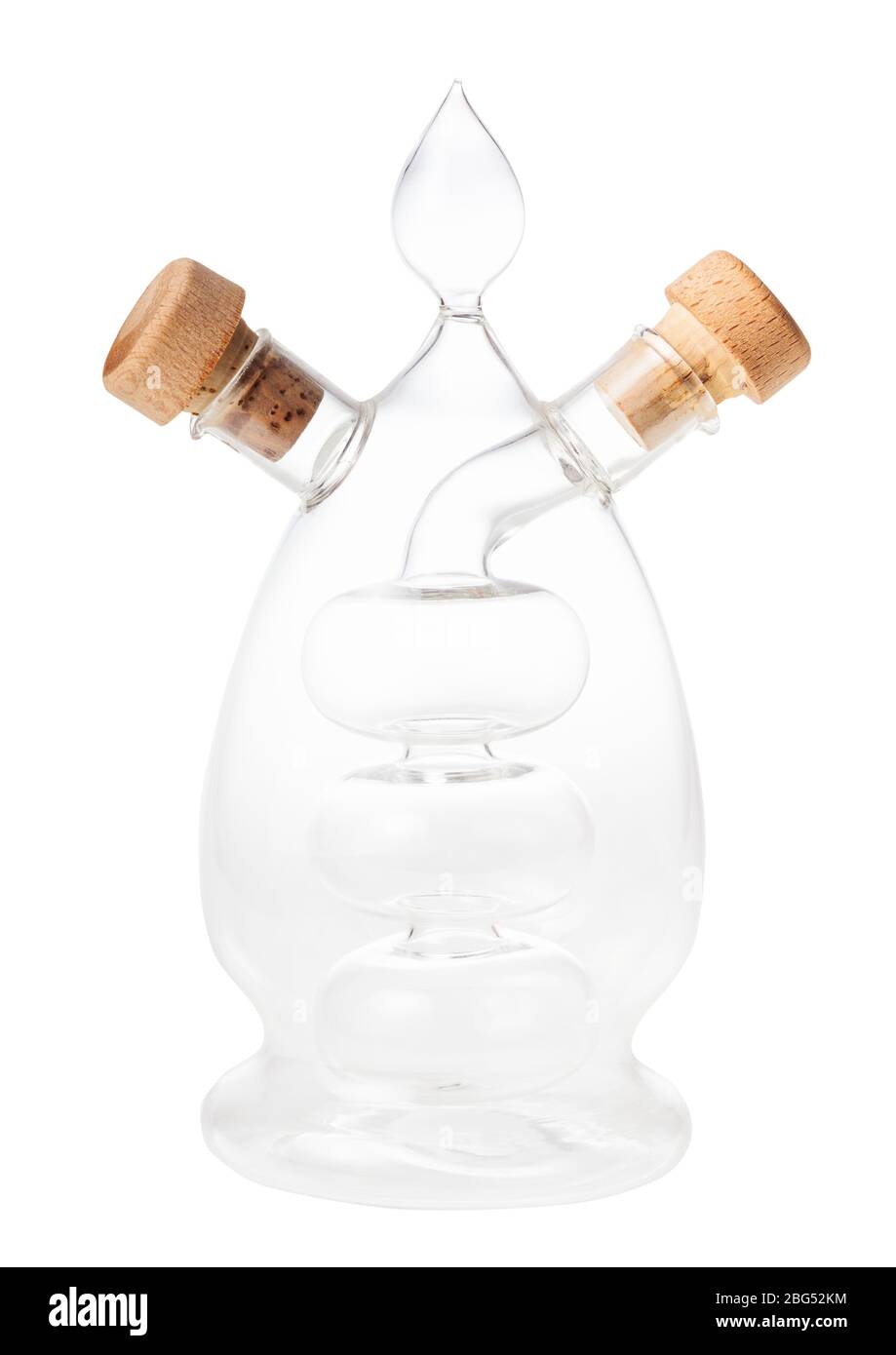 Leere geschlossene Glas Öl und Essig Spender isoliert auf weißem Hintergrund Stockfoto