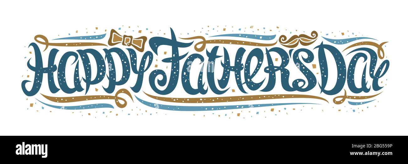 Vektor-Grußkarte zum Vatertag, Flyer mit lockiger Kalligrafie-Schrift, dekorativen Locken und Wirbeln, braune Krawattenschleife und Schnurrbart, wirbeliges Pinsellett Stock Vektor