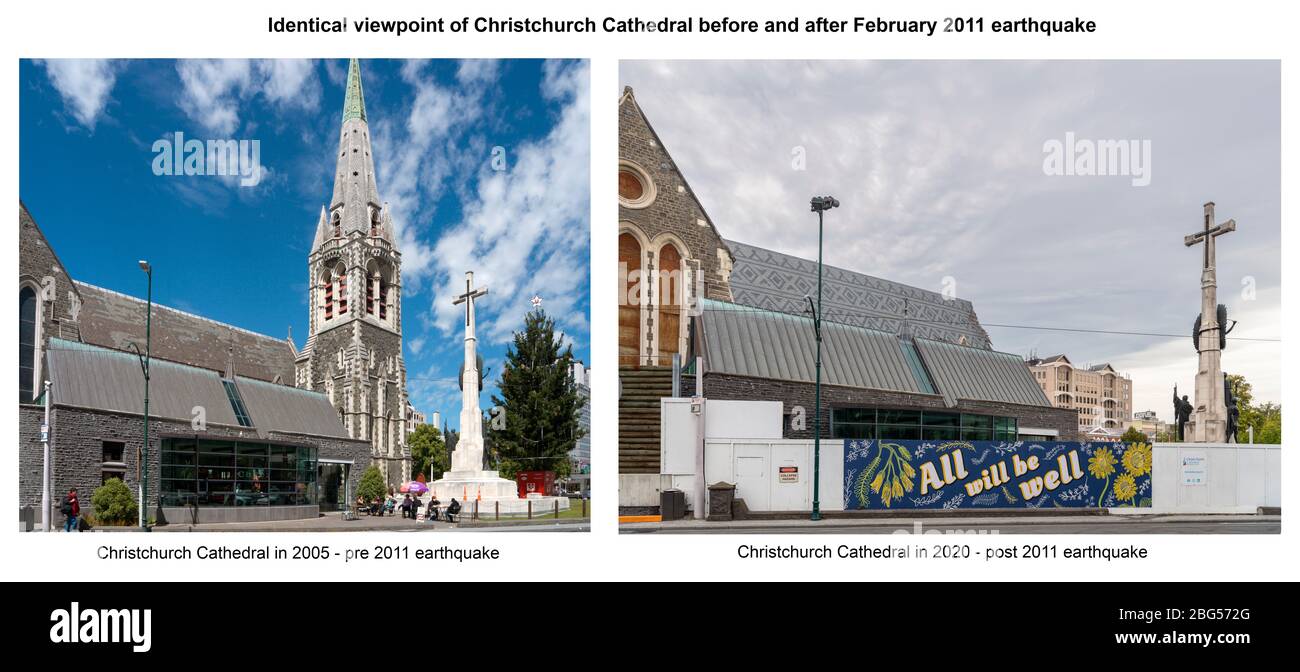 Christchurch Cathedral, Neuseeland vor und nach dem Erdbeben im Februar 2011. Fotos von der gleichen Stelle in Cathedral Square Stockfoto
