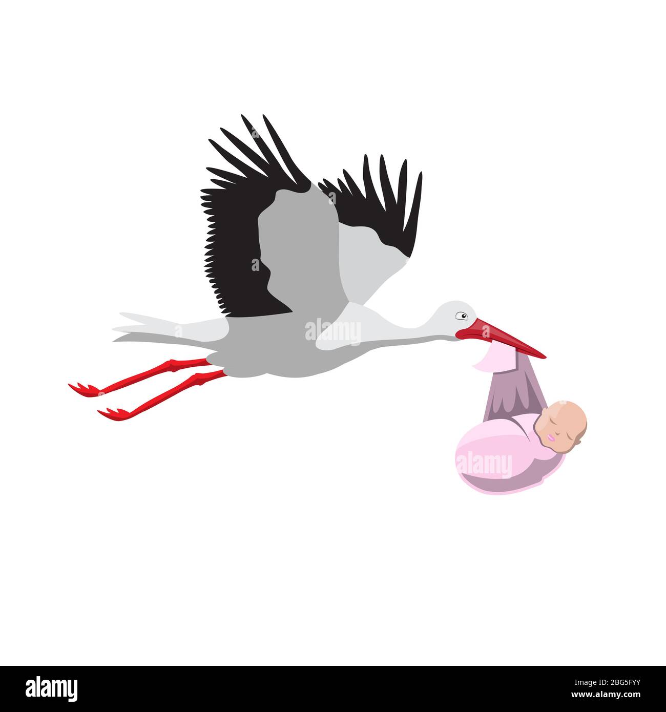 Storch trägt ein Kind auf einem weißen, isolierten Hintergrund. Vektorbild Stock Vektor